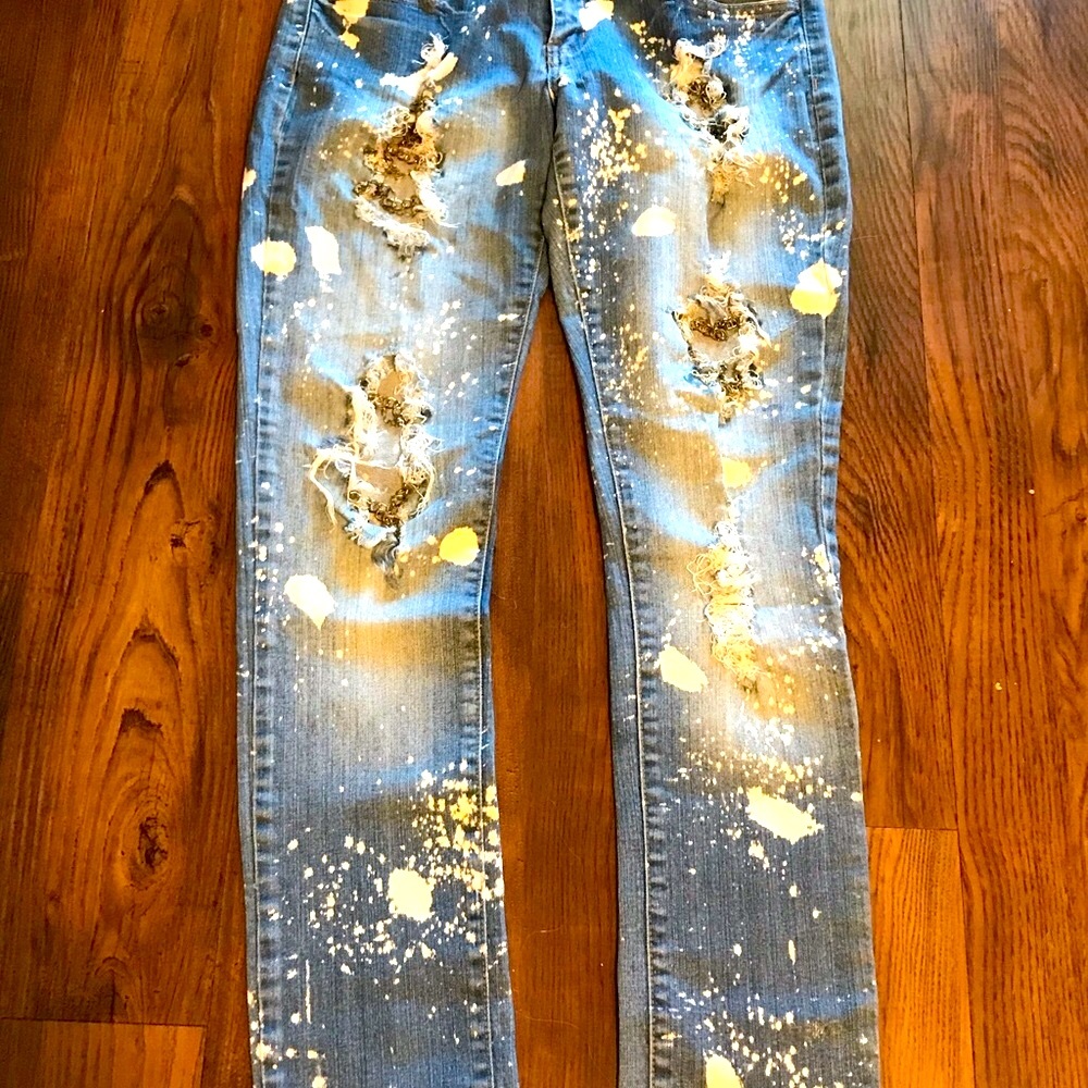 JC JQ Boutique jeans Distressed Jeans Chains Paint Splatter holes 13 juniors